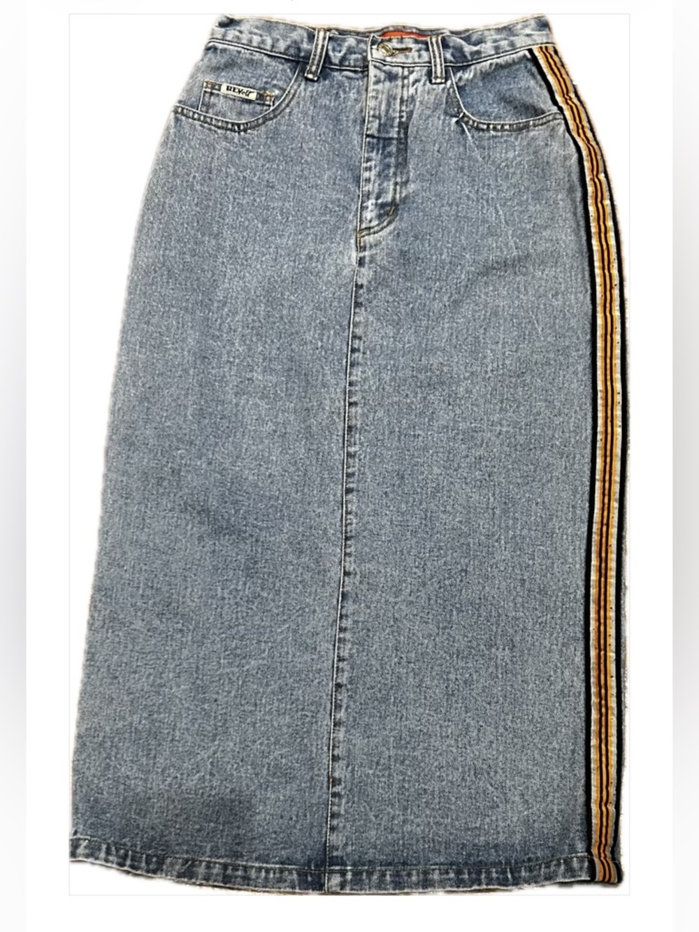 Revolt Vintage Light Wash Denim Midi Skirt with Contrast Side Stripe, Size 7/8